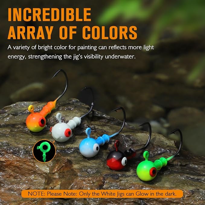 Dovesun Jig Heads for Fishing, Painted Jigheads with 3D Eye Ball Glowing Walleye | Bass | Crappie jigs 1/2oz 3/8oz 1/4oz 1/5oz 1/8oz 1/10oz 1/16oz 1/32oz Fishing Jig Hooks Assortment 15-40pcs