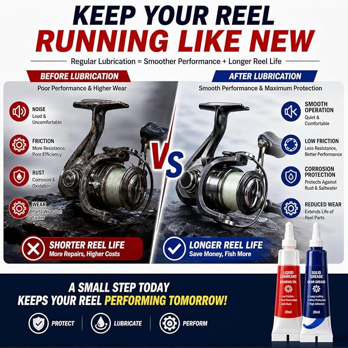 XIRUJNFD Fishing Reel Oil and Grease Kit, Bearing Lubricant and Gear Grease for Fishing Reels, Anti-Rust Reel Maintenance for Spinning, Baitcaster and Conventional Reels