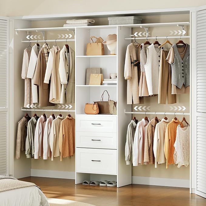 HOOBRO Closet System, 8FT Closet Organizer with Drawers, 95.7'' Clothes Organizer System Walk-in Wardrobe Clothes Rack with 4 Extendable Hanging Rods Garment Rack for Bedroom Cloakroom, White
