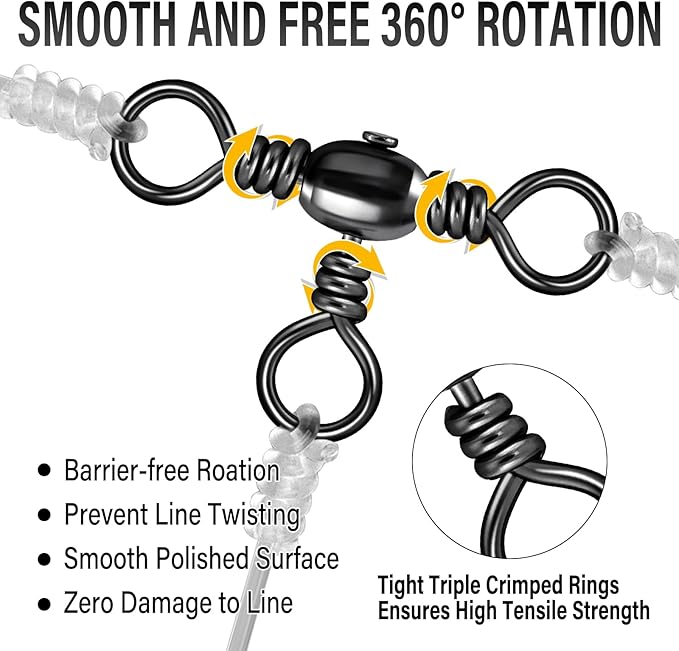 Alwonder 50-Pack 3 Way Swivels Fishing Tackle High Strength Stainless Steel Barrel Swivels 35-175LB Three Way Swivel for Saltwater Freshwater Catfish Rigs Surf Fishing Rigs