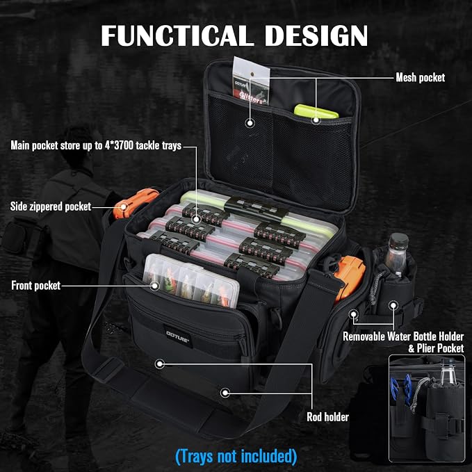 Goture Fishing Tackle Bag,Store Up to 4PCS 3700 Tackle Boxes(Not Included),600D Soft Side Water-Resistant Saltwater Gear Storage Fishing Bag with Rod Straps,Detachable Water Bottle Pouch,SBS Zippers