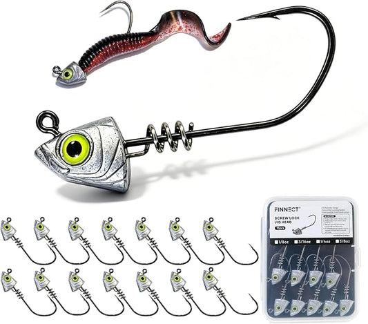 Screw Lock Swimbait Jig Heads 15 Pack, 3D Chartreuse Eyes & Sharp Hooks, Lead Fishing Jigheads for Bass Fishing, 1/8oz, 3/16oz, 1/4oz, 3/8oz