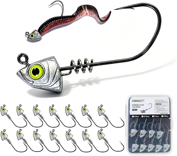 Screw Lock Swimbait Jig Heads 15 Pack, 3D Chartreuse Eyes & Sharp Hooks, Lead Fishing Jigheads for Bass Fishing, 1/8oz, 3/16oz, 1/4oz, 3/8oz