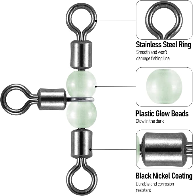 Dr.Fish 20 Pack 3-Way Fishing Swivels with Glow Beads Barrel Swivels Fishing Tackle T Shape Stainless Steel Three Way Catfish Rig