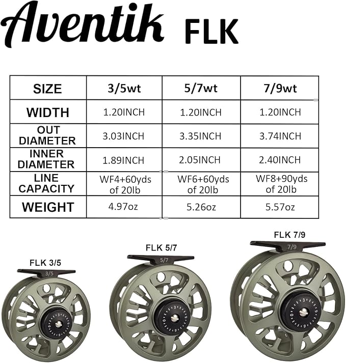 Aventik FLK Fly Fishing Reel Aluminum Trout 3/5, 5/7, 7/9wt Large Arbor Freshwater Fly Reel