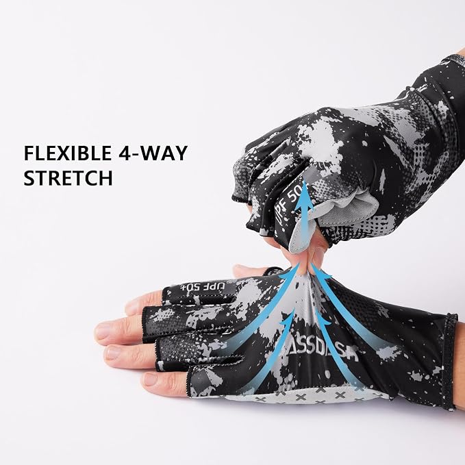 BASSDASH 3/4 Finger UPF 50+ Sun Gloves Breathable Anti-Slip Silicone Palm for Men Women Fishing Fingerless Cycling Running