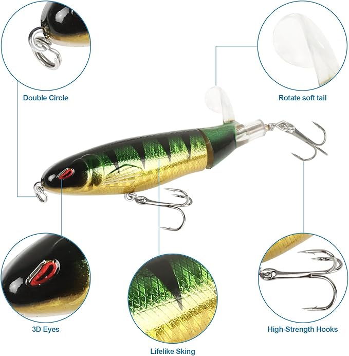 Whopper Fishing Lure for Bass：Popper Top Water Fishing Lures with Floating Rotating Tail Barb Treble Hooks Saltwater Freshwater Plopping Lures Kit