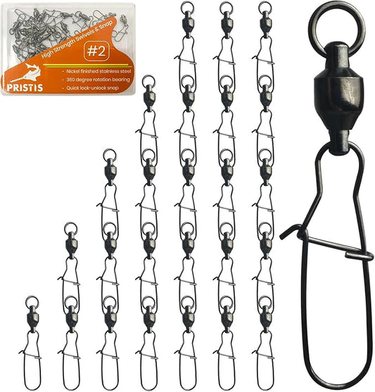 Pristis 25 Pack High Strength Fishing Snap & Swivels, Ball Bearing with Coastlock Snap, Saltwater Corrosion Resistant Connector, Fresh Water Heavy Duty Black Nickel Finish Tackle Kit for Bass Perch