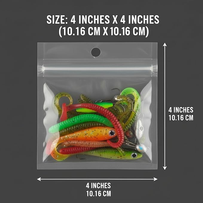 100 Pack Soft Plastic Baits Bags 4”x4" | Heavy-Duty Clear Lock Zipper Lure Packaging Bags - Leakproof Double-Sealed Zipper Storage for Soft Plastic Lures & Fishing Gear | Multiple Sizes