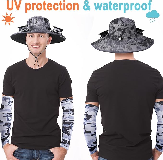 Glitopper 2 Set Wide Brim Solar Fan Hats with 2 Solar Fan and Arm Sleeves Set Outdoor Fishing Bucket Hat for Men Women Hiking
