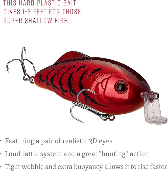 Strike King Hybrid Hunter Shallow Jr. Fishing Lure, Shallow Diving Crankbait, 90-Degree Bill, 3D Eyes, Loud Rattle, Dives 1 to 3-Feet,Size 4 & 6 Treble Hooks
