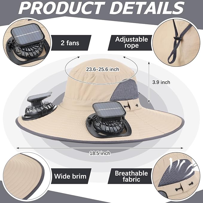 Glitopper 2 Pcs Solar Fan Hat with 2 Fan Wide Brim Removable Face Cover Cooling Fishing Buckets Hats