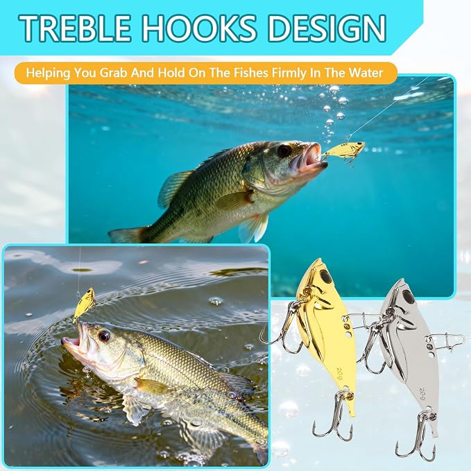 Metal VIB Spinner Blade Baits: 10pcs Blade – Bass & Trout Fishing Lures with Treble Hooks, High-Flash Vibration Hard Baits for Perch Walleye Pike Freshwater Saltwater