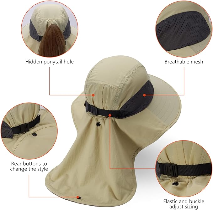 BASSDASH UPF 50+ Unisex Water Resistant Wide Brim Sun Hat with Large Neck Flap Ponytail Fishing Hat for Men Women