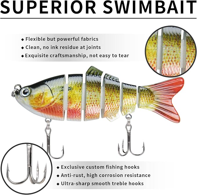 TRUSCEND Swimmax Easy Catch Fishing Lures with BKK Hooks, Wiggling, Vibrating, Rattling and Gurgling for More Bites, Heavy-Duty Dyneema Fiber Jointed Swimbaits for Bass, Trout, Crappie, Walleye, Pike