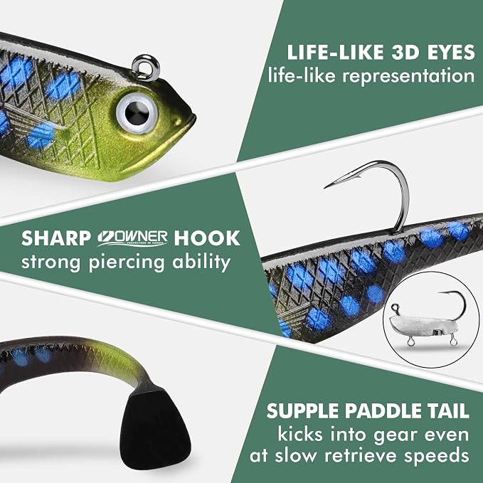 GOTOUR Pre-Rigged Soft Fishing Lures with Weedless Hook, Lifelike Paddle Tail Swimbaits for Bass Fishing, Freshwater & Saltwater Fishing Bait, Fishing Tackle for Bass, Pike, Trout, and Walleye
