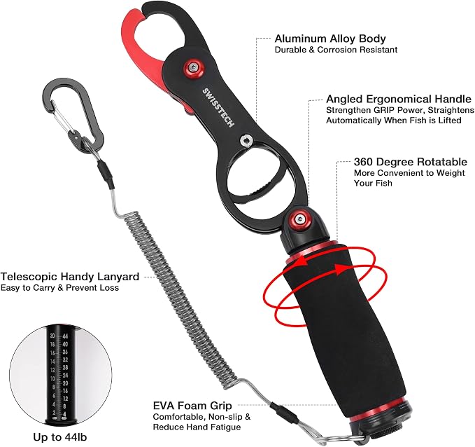 Swiss+Tech Fishing Tool Kit, Fish Gripper with Scale, Muti-Function Fishing Pliers, Braided Line Scissors, Fishing Gear with Safety Coiled Lanyard, Fishing Gifts for Anglers…