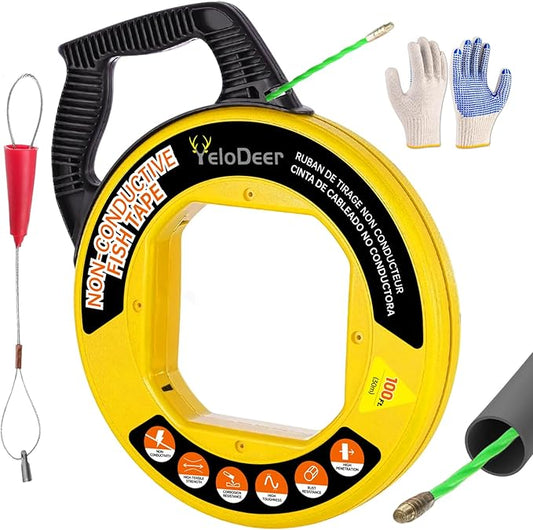 Non-Conductive Fish Tape Wire Puller 100 FT x 4.5 mm with Gloves, Flexible PET Wire Fishing Tools for Walls and Electrical Conduit, Rust-Proof