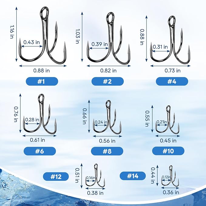 UCEC Fishing Hooks Treble Hooks Kit for Saltwater Freshwater, High Carbon Steel Strong Sharp Round Bend for Catfish Trout Hard Baits Lures, Size #1#2#4#6#8#10#12#14 110/50/210 Pack with Split Rings