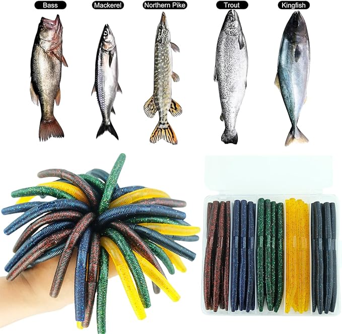 Wacky Worm Bass Lures Kit: 40PCS 5" Senko Worms with Storage Box | Slow-Sink Fishing Baits for Freshwater Saltwater