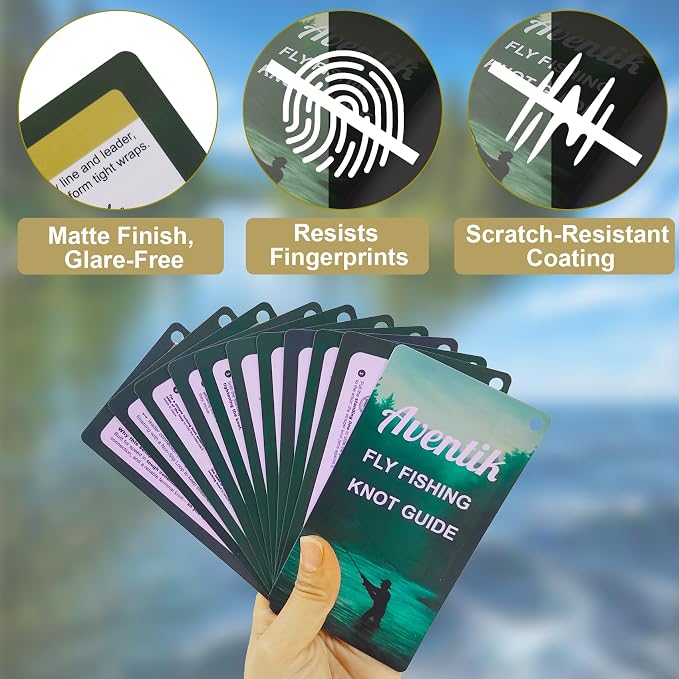 Aventik Fly Fishing Knot Tying Guide Cards with Zinger, Saltwater & Freshwater Laminated Reference, 4 Pro Setup Chains, 15 Essential Knots, Ruler & US Fishing Info QR, Fishing Gear Tool Gifts