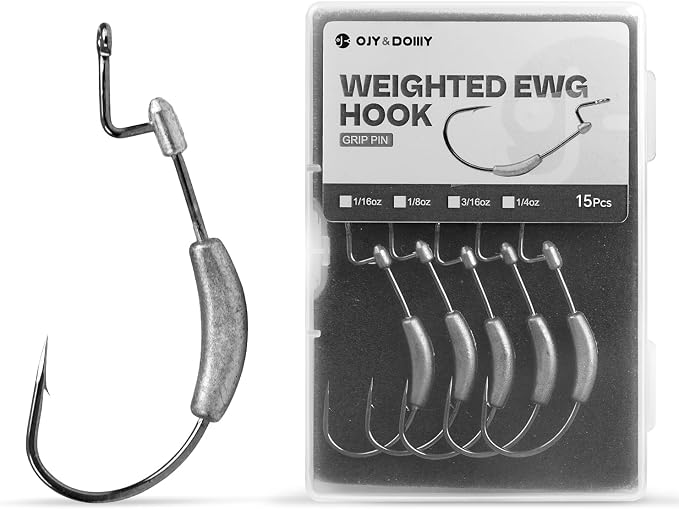 Weighted Swimbait Hooks with Molded Bait Keeper, Equipped with Weedless EWG Worm Fishing Hooks 2/0 3/0 4/0 5/0 1/16 1/8 3/16 1/4oz (15 PCs)
