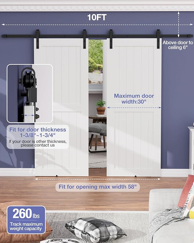 ZEKOO 10 FT Barn Door Hardware Kit for Cabinet Closet, Sliding Door Hardware for Double Barn Door, Heavy Duty Black Barn Door Track with Steel Hanger, Slide Smoothly Quietly, Easy Install
