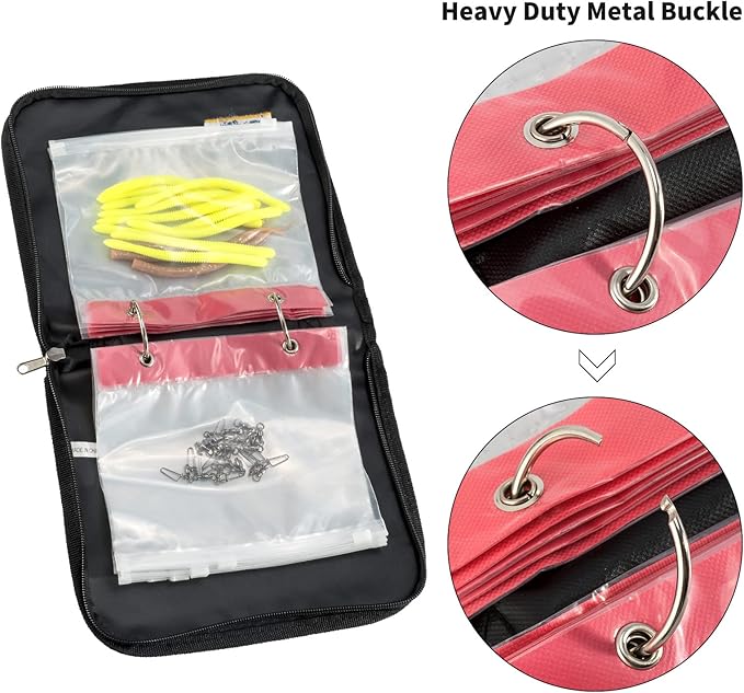 Dr.Fish Soft Bait Binder 10 Pieces PVC Bag Fishing Lure Storage Tackle Wallet Waterproof Heavy Duty Buckle Corrosion Resistant Zipper Worms Snell Hooks Sinkers Rig