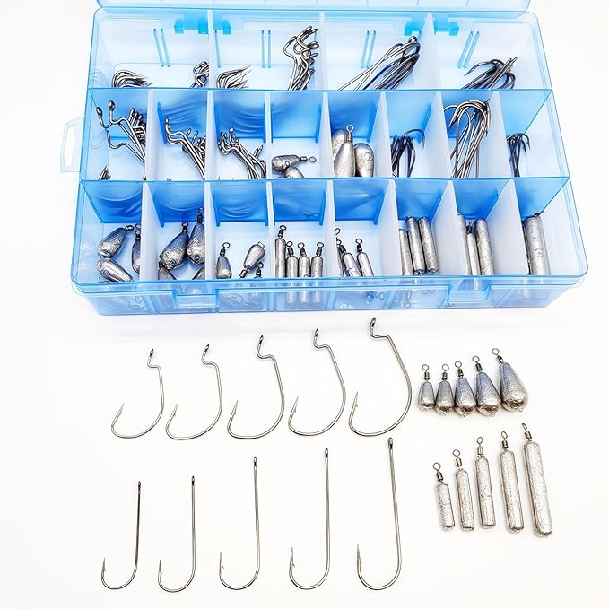 Free Rig Fishing Kit, 50pcs Cylinder＆Teardrop Weights (Size 1/8oz,3/16oz,1/4oz,3/8oz, 1/2oz, 5 Each), 100pcs Offset Hooks＆Straight Hooks (Size 1#,1/0#,2/0#,3/0#,4/0#,10 Each) for Bass Fishing