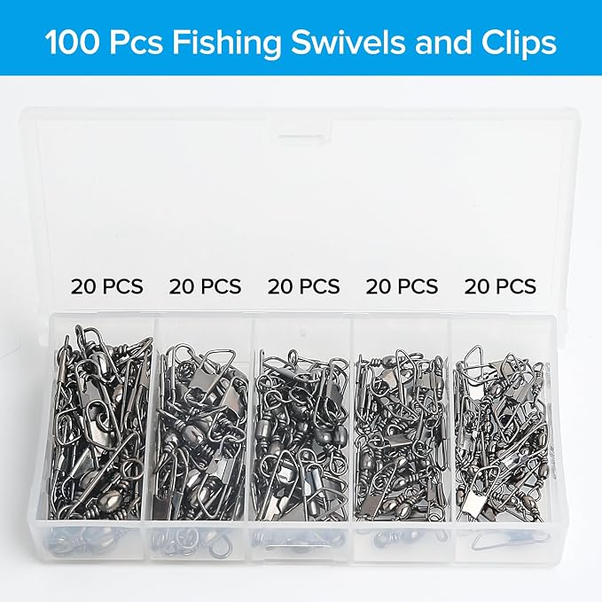 Realure 100 Pcs Fishing Swivels and Clips, Safety Snaps Swivels Fishing Tackle, Sea Fishing Swivels, Rolling Swivel for Quick Change Swivels Fishing Hook to Line Connectors (7# 8# 10# 12# 14#)