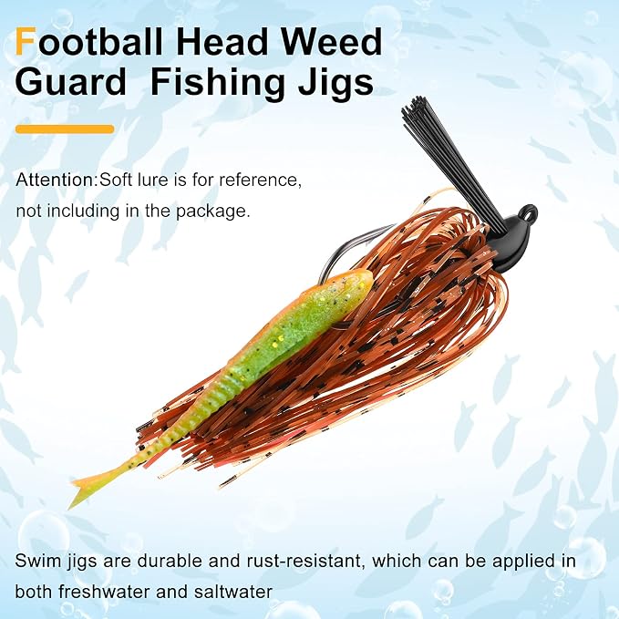 Sumind 8 Pcs Bass Fishing Jigs Bass Weedless Football Jig Metal Football Head Kit Swim Silicone Skirts Weed Guard Flipping Lures, Colorful, 10 G/ 3/8 oz