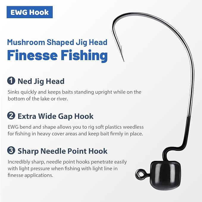MadBite by KastKing Ned Rig Jig Heads for Soft Fishing Lures, 24-Pack Finesse Standard Mushroom Stand-up Ned Heads Kit, Needle Point Saltwater & Freshwater Versatility Ned Rig Hooks 1/8, 1/16, 3/16 oz
