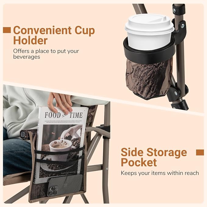 Goplus Folding Camping Chair, 400 LBS Support Lawn Chair w/Armrests with Covers, Cup Holder & Storage Pocket, Adjustable Feet, Portable Camp Chair with Carrying Bag, for Fishing Hunting Picnic