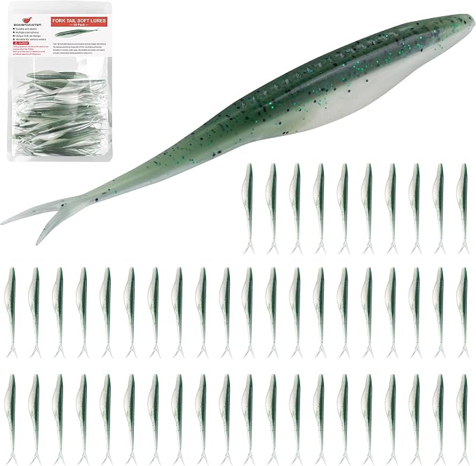 Fishing Bait Soft Plastic Lures 30/50 Pcs, Weighted Hooks 10 Pack & 40-Piece Set, 4in/5in Salty Split Tail Jerk Shad, 3/0 4/0 5/0 Weedless Swimbait Hook for Bass Fishing