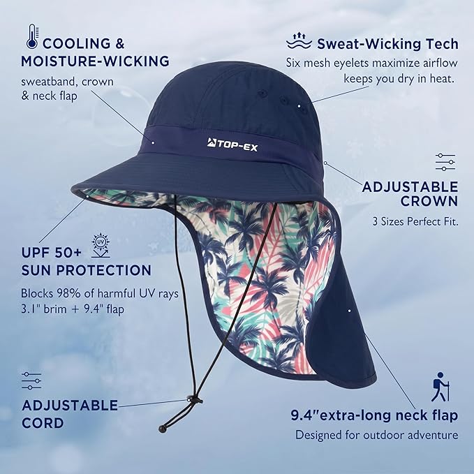 TOP-EX Cooling Sun Hat with Neck Flap – UPF 50+ Wide Brim Breathable Hat for Hiking, Fishing & Big Heads