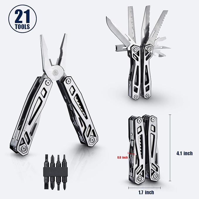 BIBURY Multitool with Pocket Knife, 21-in-1 Stainless Steel Pliers with Screwdriver, Safety Locking Multi tools with EDC Knife for Survival, Camping, Fishing, Repair, Birthday Gifts for Men Women