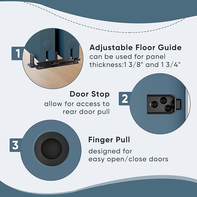 JUBEST 8FT Heavy Duty Bypass Door Hardware with Finger Pulls,Sturdy Aluminum Sliding Closet Door Track for 2 door System,Quietly and Smoothly,Fit Door Thickness 1 3/8" or 1 3/4",Easy to Install, Black