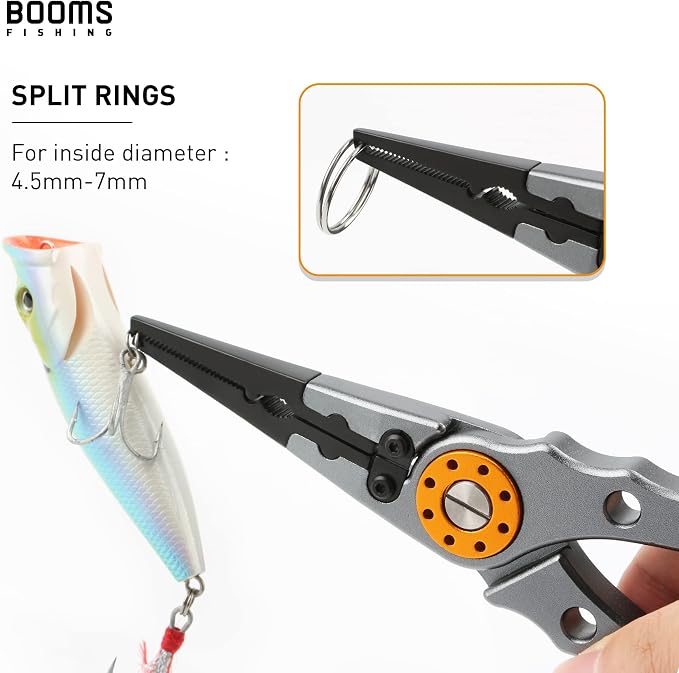 Booms Fishing X1 Aluminum Fishing Pliers Saltwater, Surf Fishing Tackle Kit, Fishing Multitool Hook Remover Braided Fishing Line Cutting and Split Ring with Coiled Lanyard and Sheath