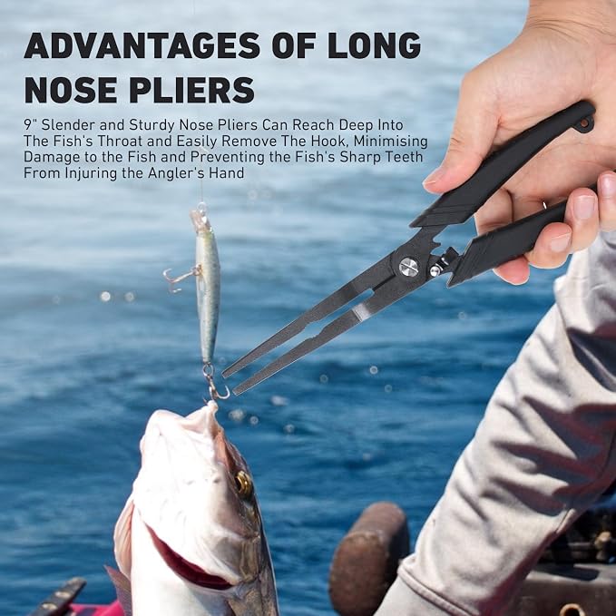 Golden J Teflon Fishing Pliers, Multi-Function Hook Remover-Long Nose Pliers, PE/Braided Line Cutter, Saltwater Resistant Fishing Gear, For Deep-Sea, Ice & Surf Fishing - Ideal for Anglers