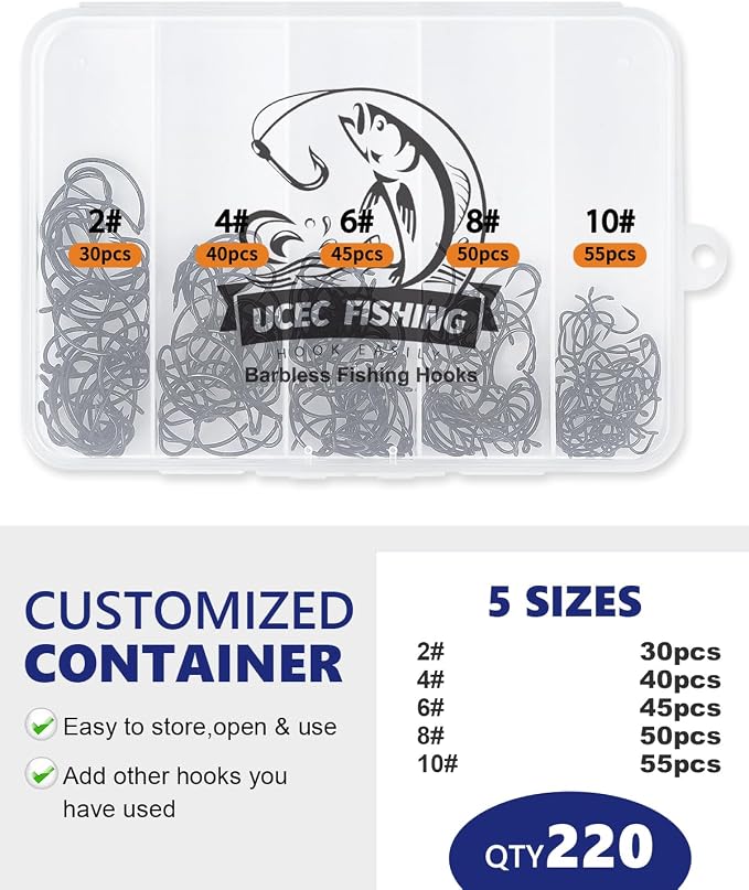 UCEC 190/220/260PCS Barbless Fishing Hooks, Carp Hooks Circle Curve Shank Fly Tying Fishing Hook Tackle Kit for Freshwater Saltwater Hair Rig Trout Size: 2# 4# 6# 8# 10#