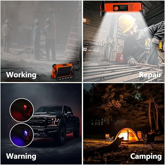 120W Solar Rechargeable Work Light, 144 LED 10000LM Portable Flood Light with Stand, IP66 Waterproof 4 Modes LED Job Site for Mechanic Camping Fishing Car Repair (Orange 1 Pack)
