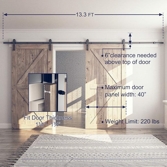 SMARTSTANDARD 13 FT Double Barn Door Hardware Kit, Sliding Door Track-Smoothly and Quietly -Includes Detailed Installation Fit 36"-40" Wide Door Panel(J Shape Hanger) Black