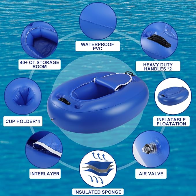 Threehoney 2 Pack Floating Coolers for River Inflatable Cooler 40 Qt - River Cooler Float with Lid Built in Four Cup Holder