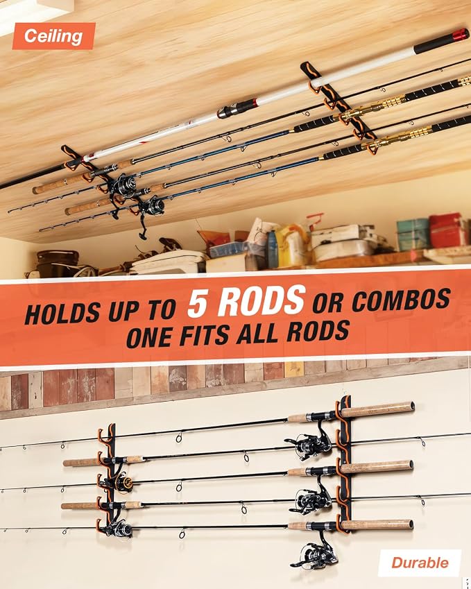 Ghosthorn Fishing Rod Holders for Garage Fishing Pole Holders Ceiling or Wall Mounted Fishing Rod Rack garage Storage Organizer Fishing Gear Equipment for Men Women (Orange, 2 Packs)