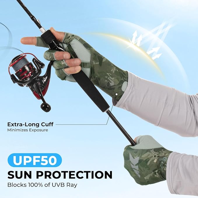 KastKing Agies Fishing Gloves Men, UPF 50+ Sun Gloves UV Protection, Cooling Quick-Dry 3/4 Fingerless Gloves with Extended Cuff, Microfiber Palm & Pull Tabs, for Fishing, Kayaking, Hiking, Hunting