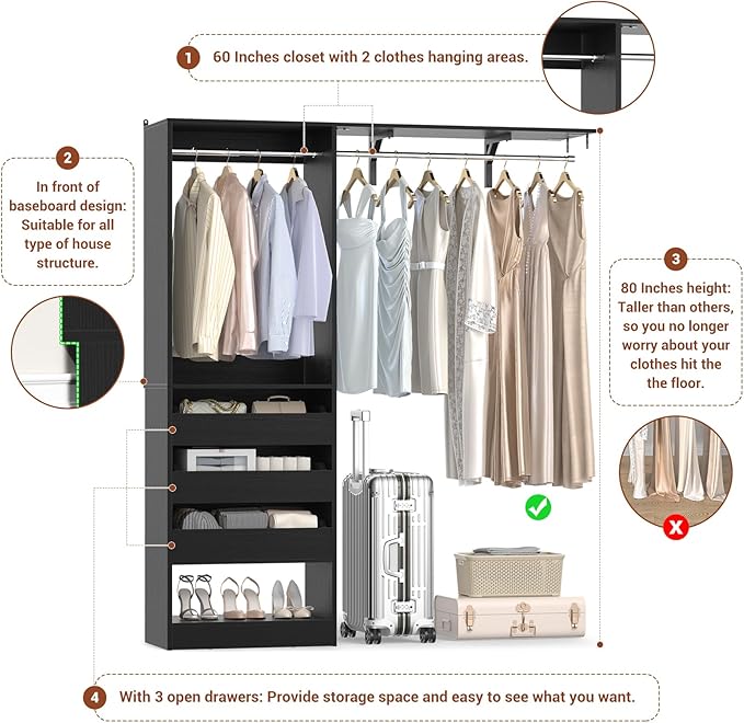 60" Wide x 80" Tall Closet System with 3 Half-Open Wooden Drawers, 5FT Closet Organizer System with 2 Hanging Rods & Removable Tower, Freestanding Wardrobe Organizer for Walk-in Bedroom, Black