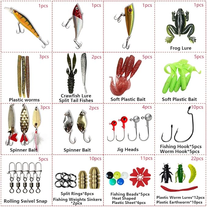 Fishing Lures Kit Set, Baits Tackle Including Crankbaits, Topwater Lures, Spinnerbaits, Worms, Jigs, Hooks, Tackle Box and More Fishing Gear Lures for Bass Trout