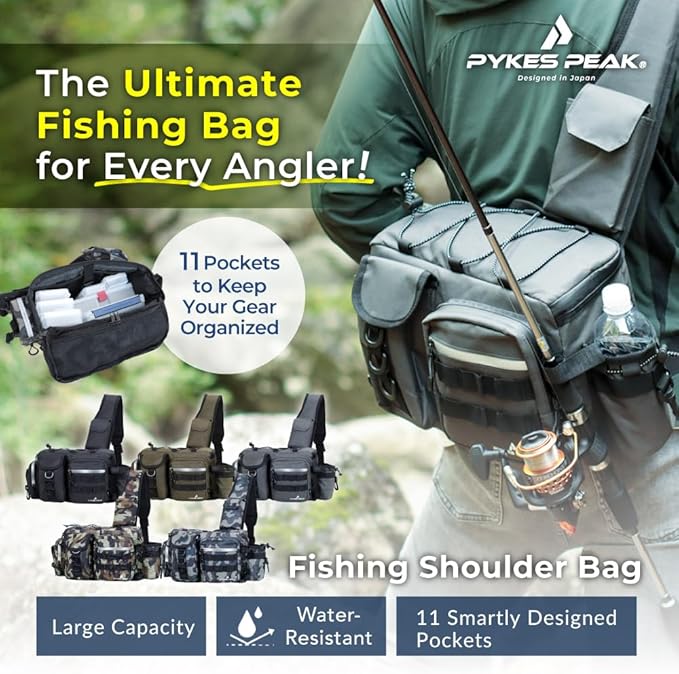 PYKES PEAK Fishing Bag | Waterproof Tackle Bag with Large Capacity | Includes 6 Carabiners | Versatile Fishing Shoulder Bag | Camouflage Green | L Size - Designed in Japan
