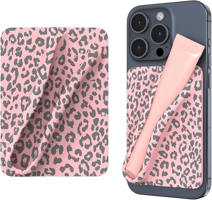 DOB SECHS Silicone Lip Holder for Cell Phone Leopard Lipstick Lip Glaze Phone Case Back Stick On Holder for iPhone and Android Phones Leopard Lip Holder, Pink Leopard