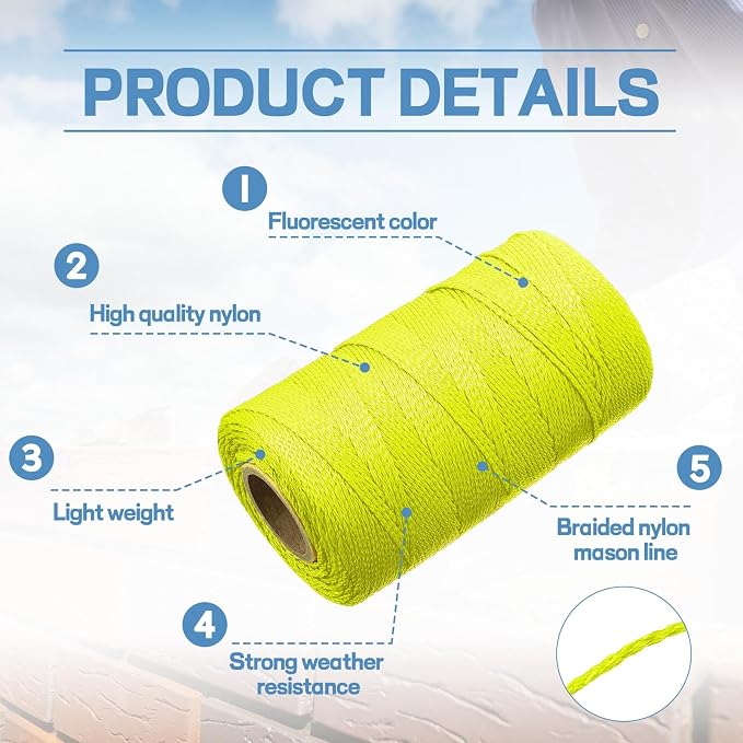 Amylove 2 Roll Mason String Line #18, 500 ft Nylon Braided Construction String Line, Heavy Duty Outdoor Twine Rope for Gardening or Masonry Tools Construction DIY Project, Fluorescent Yellow